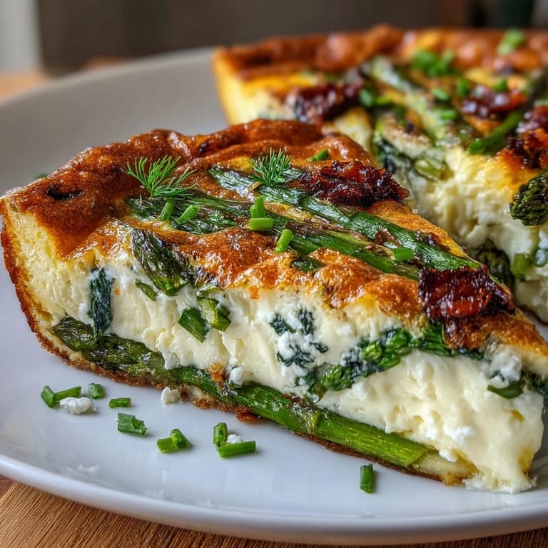 A light and fluffy frittata filled with sautéed asparagus, red onion, and baby spinach, topped with tangy goat cheese and fresh herbs.