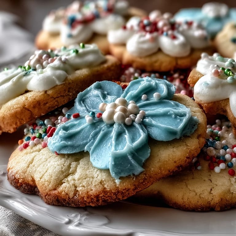 Elegant flower-shaped shortbread cookies, crisp and buttery, adorned with hand-piped royal icing in bright spring colors.