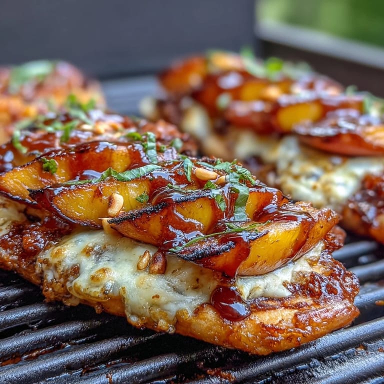 Smoky grilled flatbread topped with sweet peaches, melted Brie, and tangy BBQ sauce, perfect for summer cookouts.