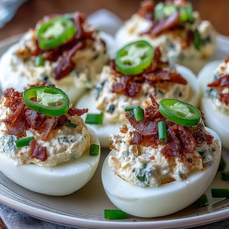 Creamy jalapeño popper deviled eggs with tangy cream cheese, smoky bacon, and fresh jalapeño garnish.  