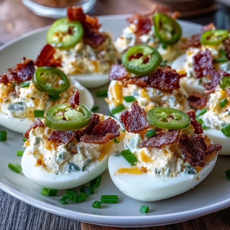 Deviled eggs inspired by jalapeño poppers, featuring cream cheese filling, diced jalapeños, and crunchy bacon topping.