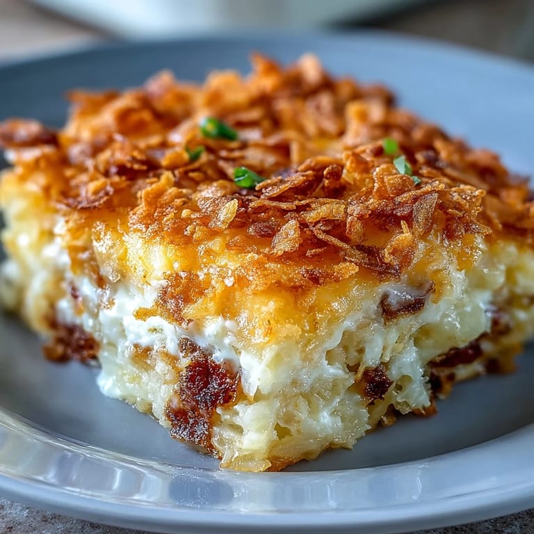 Creamy, cheesy hash brown casserole baked to perfection with melted cheddar and crunchy topping.