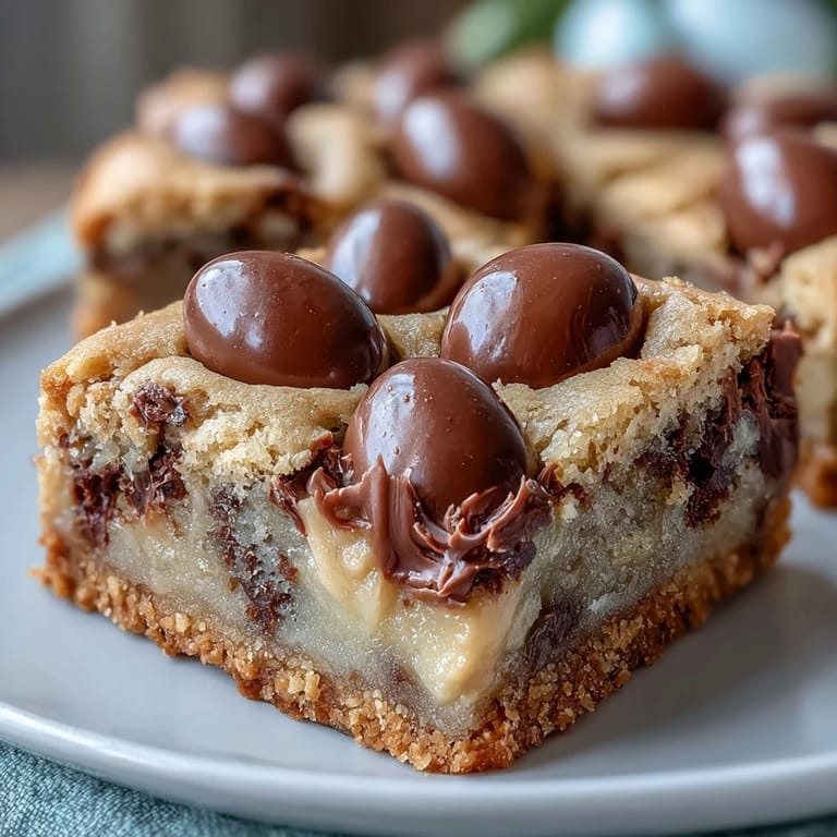 Soft, chewy cookie bars loaded with peanut butter and Easter egg candies, a festive dessert for springtime gatherings.