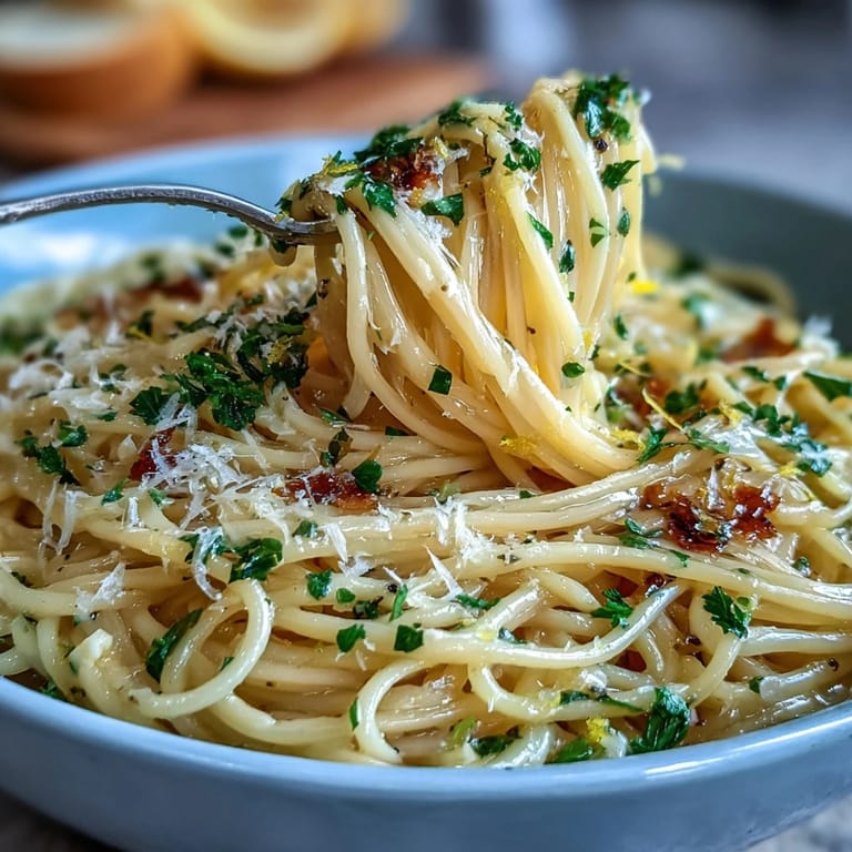 Bright lemon butter sauce coats al dente spaghetti, garnished with parsley and Parmesan, perfect for a quick vegetarian dinner.