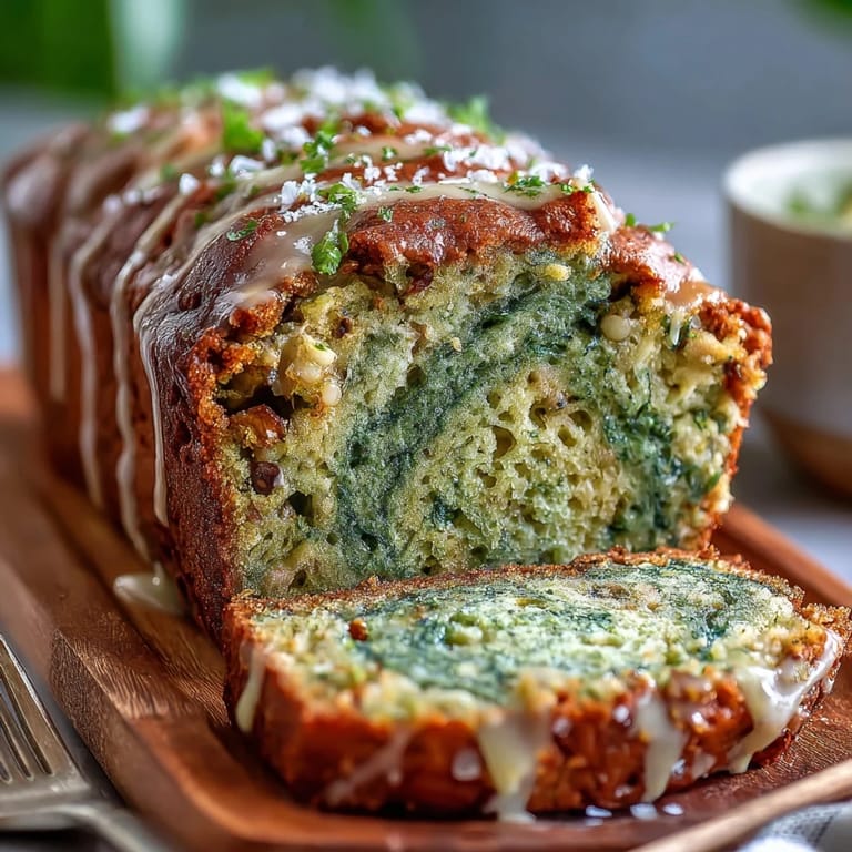 Sliced matcha swirl banana bread with a tender crumb and beautiful marbled green pattern, ideal for breakfast or snack.  