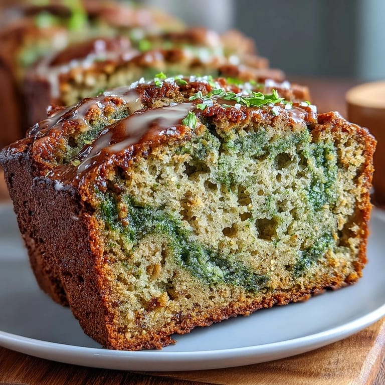 Golden-brown matcha swirl banana bread with rich green marbling, showcasing the fusion of classic banana bread and Japanese matcha.