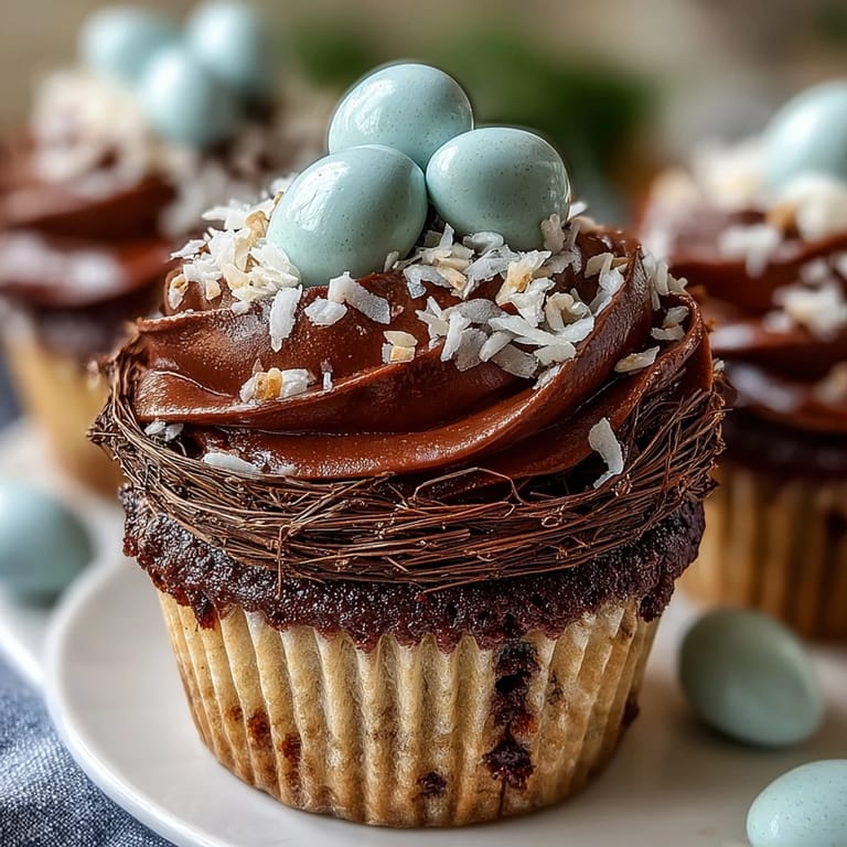 Decadent chocolate cupcakes topped with creamy buttercream and shredded coconut, arranged as charming Easter nest treats.
