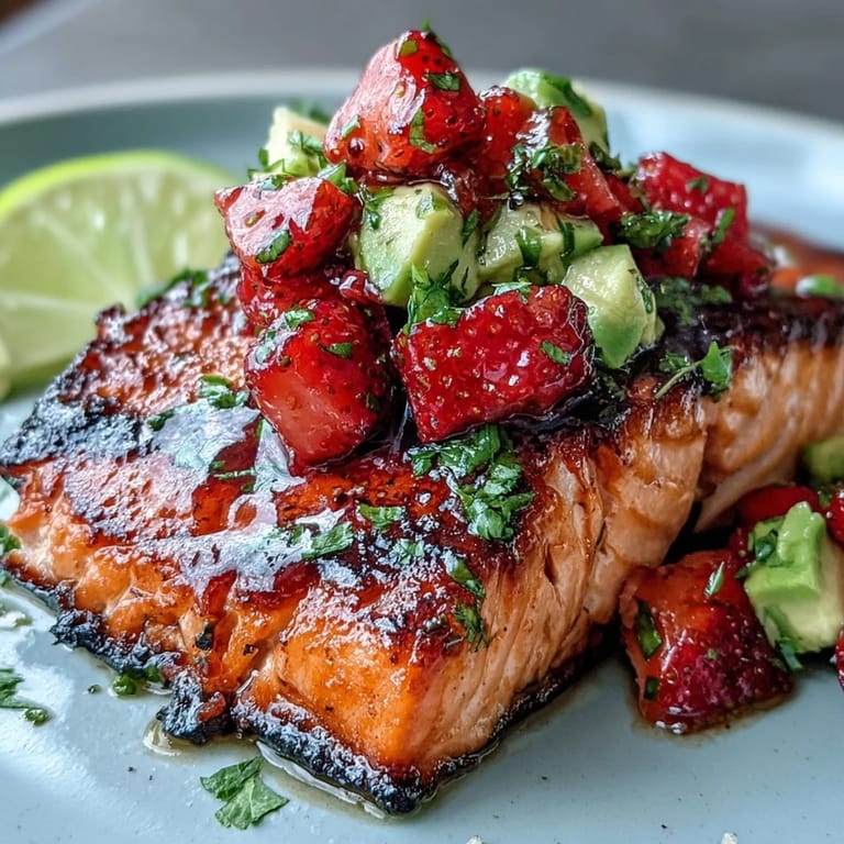 A light and healthy dinner featuring tender, smoky grilled salmon paired with a refreshing strawberry avocado salsa.  