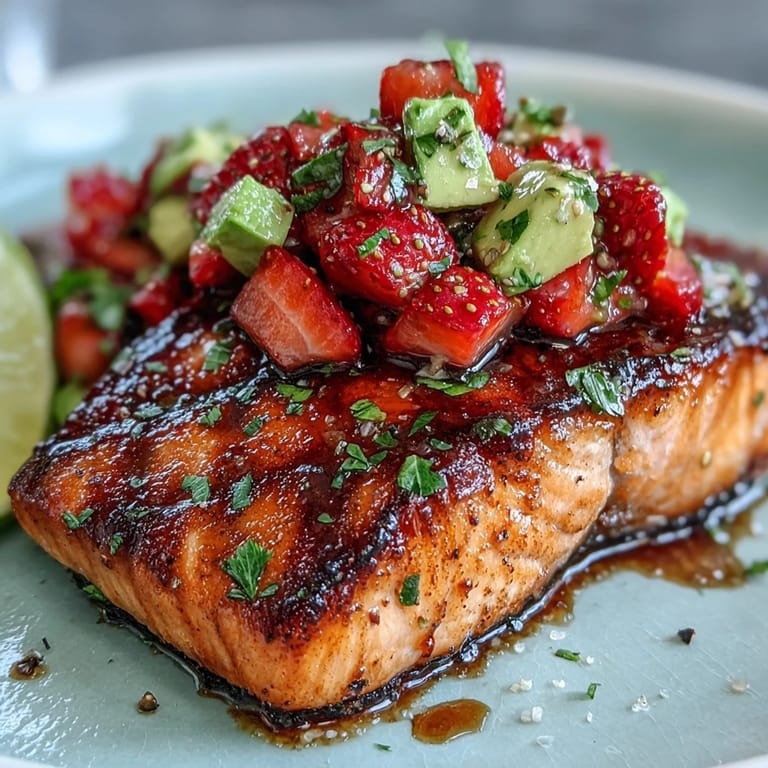 Succulent grilled salmon served with a vibrant strawberry avocado salsa, perfect for warm-weather meals or special occasions.