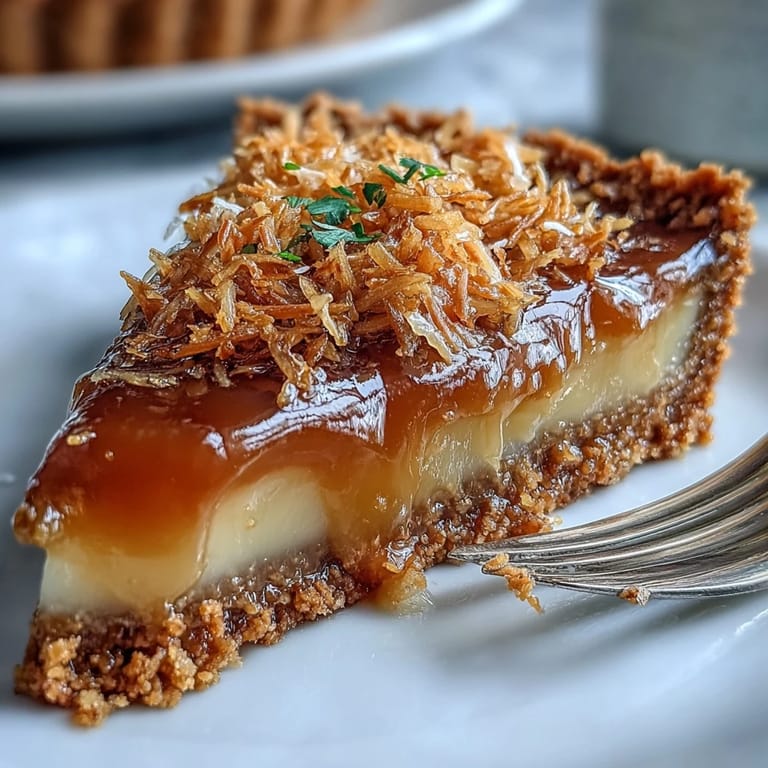 Tropical Coconut Lime Tart with Graham Cracker Crust: Silky coconut-lime filling nestled in a buttery graham cracker crust, garnished with whipped cream and toasted coconut for an elegant dessert.