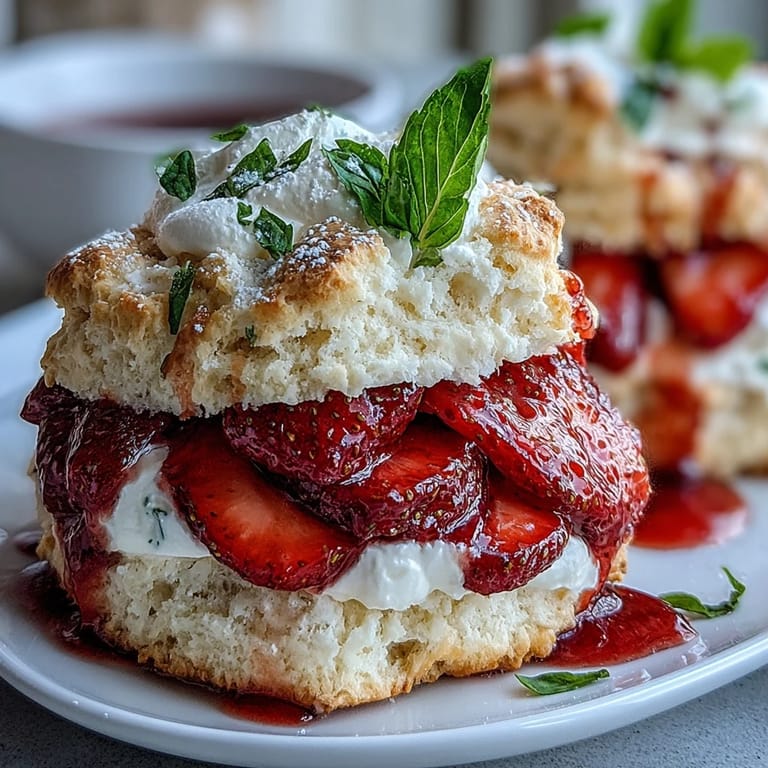 Golden buttermilk biscuits layered with strawberries, basil, and whipped cream for a sweet summer dessert.