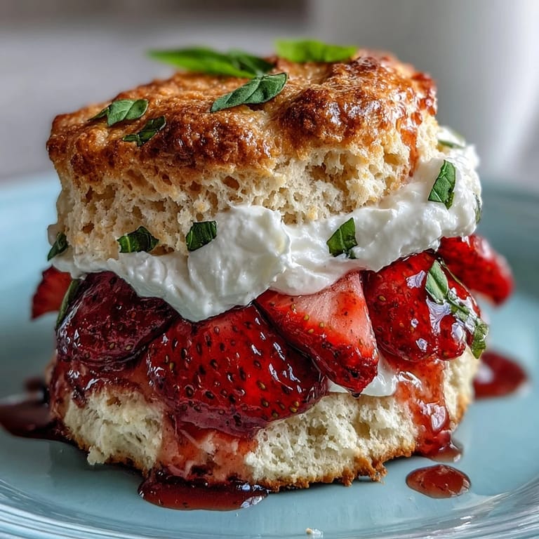 Buttery biscuits filled with macerated strawberries, fresh basil, and fluffy whipped cream for a classic treat.