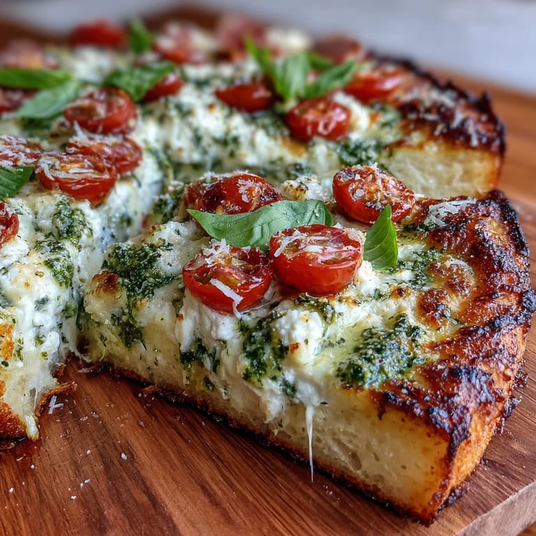 Protein-rich cottage cheese flatbread layered with bright green pesto and colorful halved tomatoes for a fresh, wholesome bite.