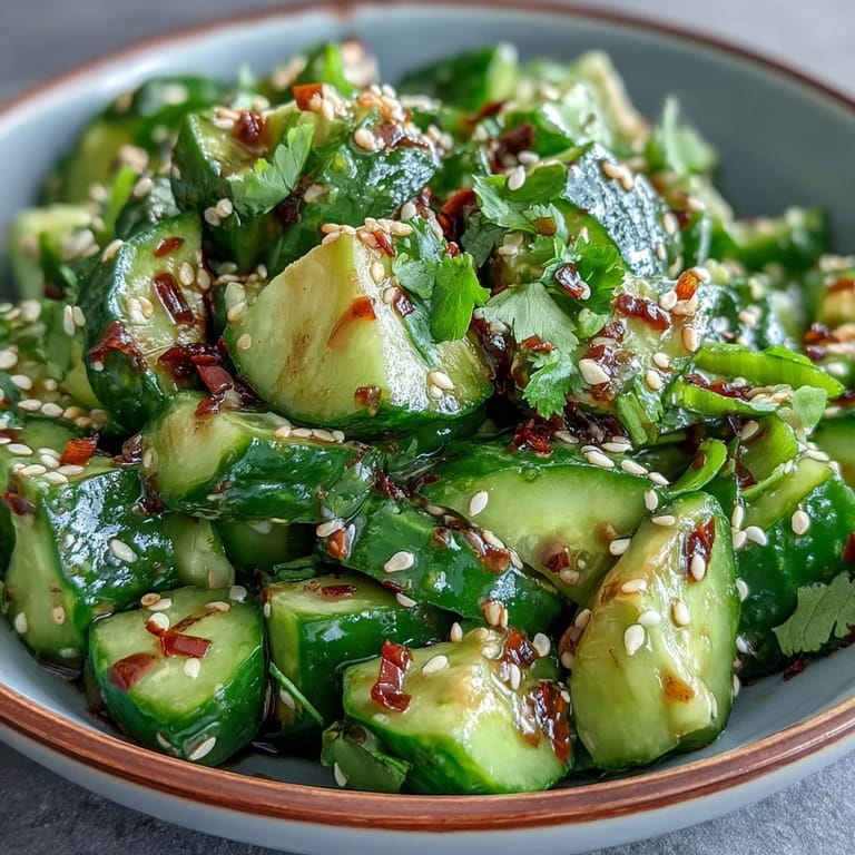 Fresh cucumbers and creamy avocado tossed with sesame oil and rice vinegar, topped with green onions and cilantro.