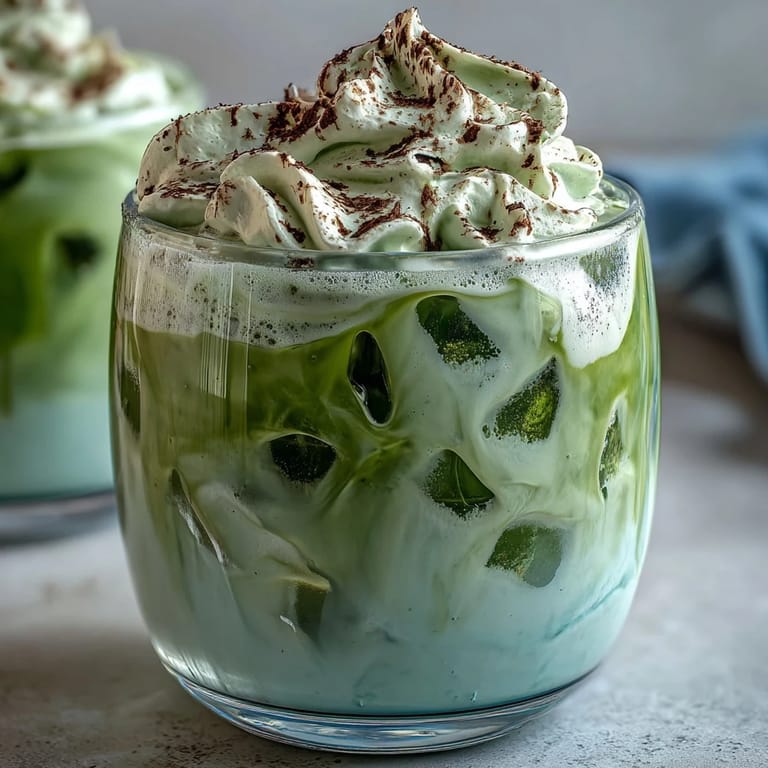 Refreshing iced matcha latte with vanilla cold foam, garnished with a dusting of matcha powder for an elegant Mother's Day beverage.