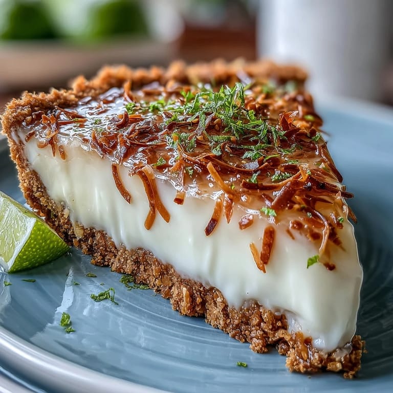 Vibrant Coconut Lime Tart with Graham Cracker Crust: Zesty lime and rich coconut filling in a golden graham cracker crust, topped with fresh lime zest and coconut flakes for a refreshing summer treat.