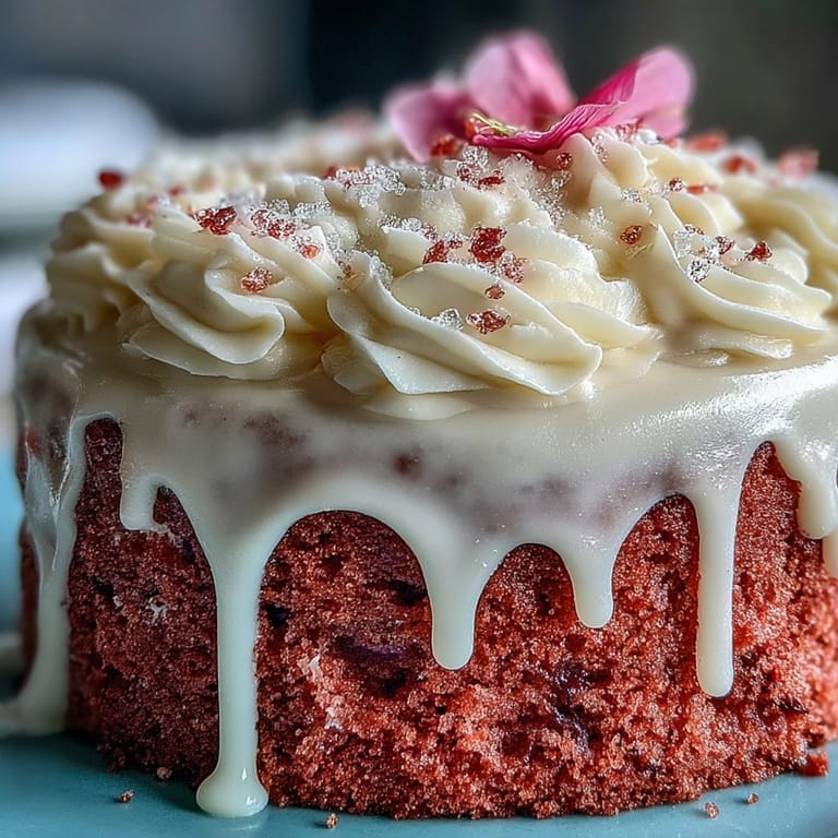 A stunning pink velvet cake with rosé wine, cream cheese frosting, and hand-painted gold drip—perfect for bridal celebrations.