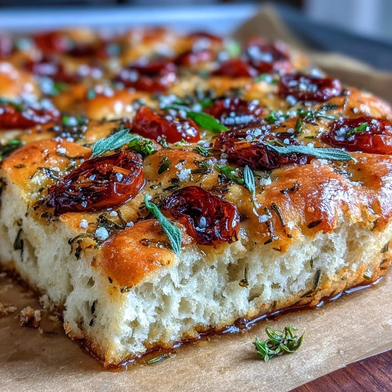 Fluffy focaccia bread topped with vibrant rosemary, thyme, chives, and juicy cherry tomatoes, ideal for sharing at gatherings.  