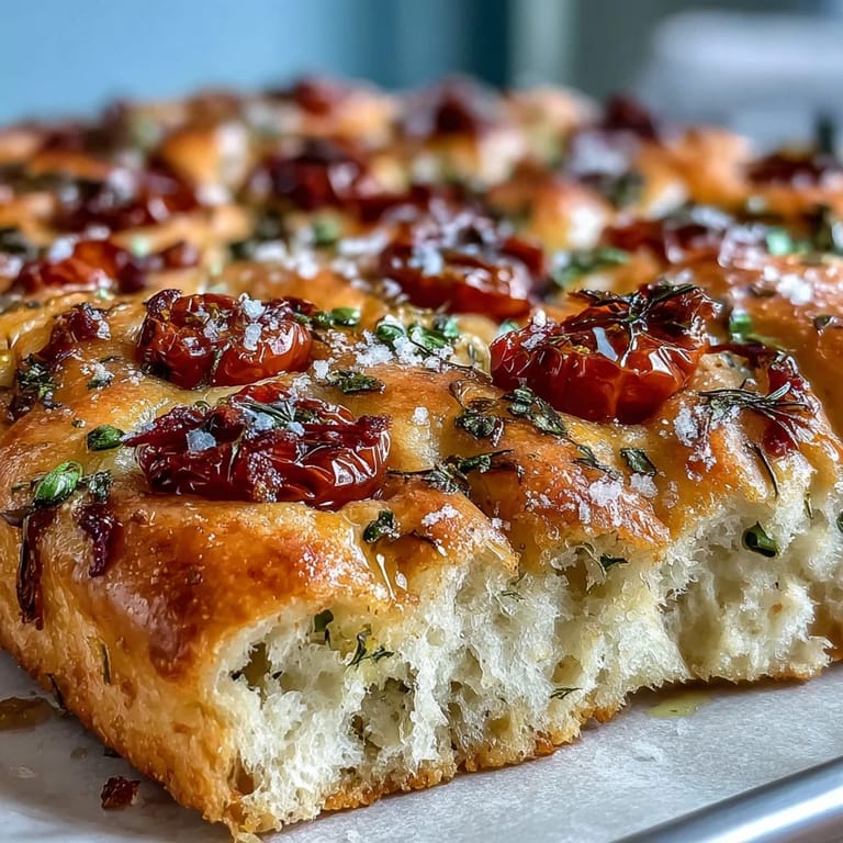 Golden Italian focaccia baked with fresh spring herbs and cherry tomatoes, offering a fragrant, savory bread for any occasion.