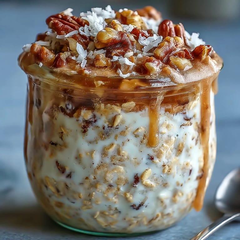 Nutritious carrot cake overnight oats with Greek yogurt, shredded carrots, and raisins, perfect for a make-ahead morning meal.