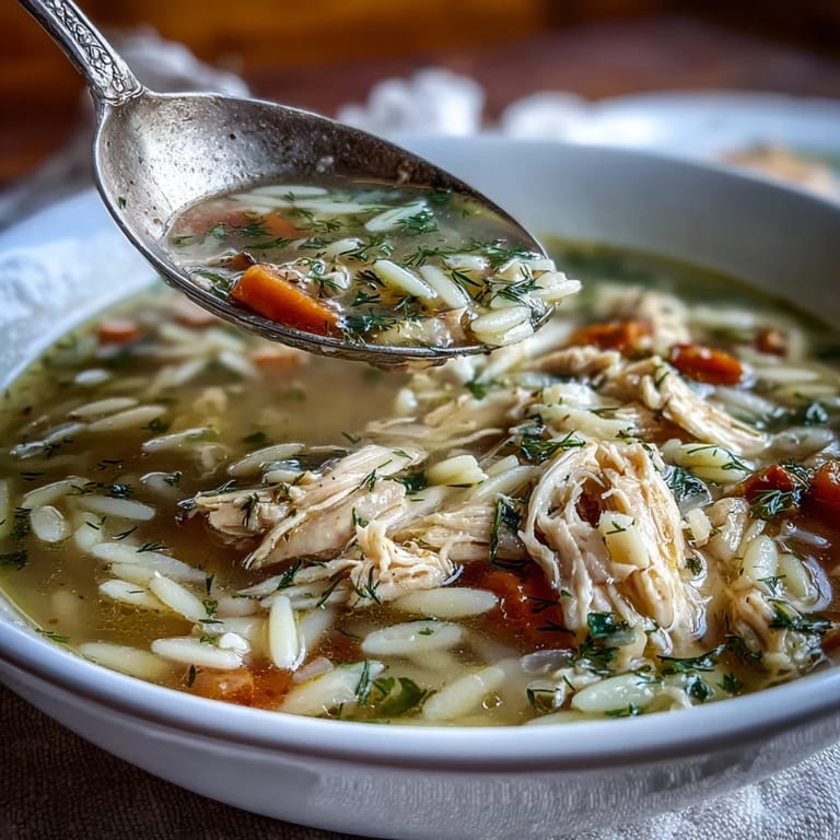 Bright and zesty Greek Lemon Chicken Soup featuring shredded chicken, fresh lemon, and delicate orzo in a savory broth.  