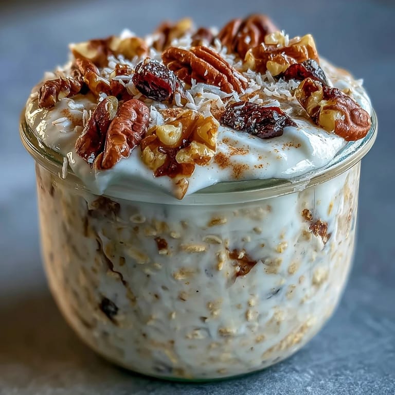 Wholesome carrot cake overnight oats layered with warm spices, crunchy walnuts, and sweet maple syrup in a jar.