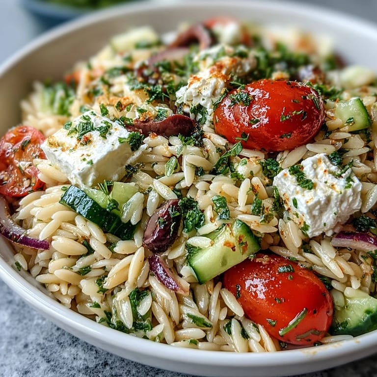 Hearty Summer Orzo Salad, creamy feta, Mediterranean flavors, perfect for lunch.