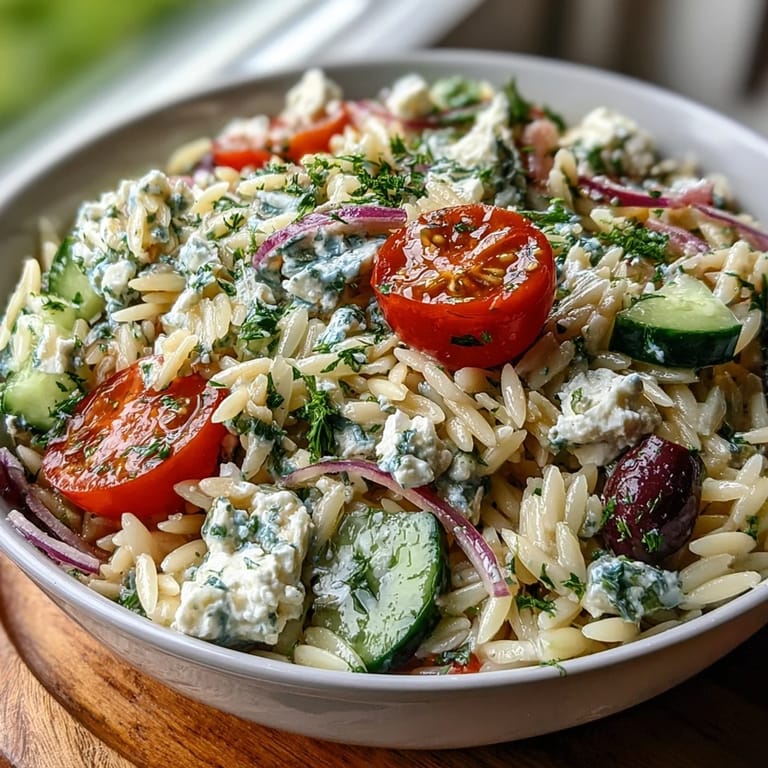 Refreshing Summer Orzo Salad, chilled, lemon herb dressing, easy to prepare.