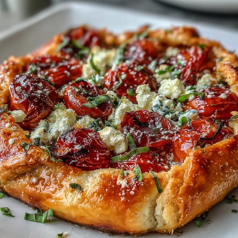 Savory feta galette, a vegetarian delight with burst cherry tomatoes, ready to slice.