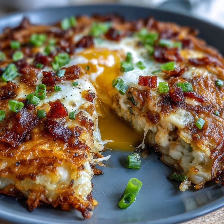 Savory Loaded Hash Brown Skillet featuring bacon, bell peppers, and baked eggs.