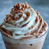 Creamy Hojicha milkshake topped with whipped cream and nuts in a chilled glass.