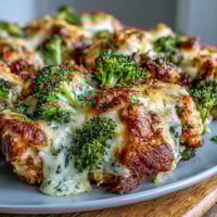 Golden melted cheddar covers ranch-seasoned chicken breasts with crisp broccoli florets on a sheet pan.