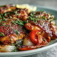 Golden, crispy-skinned One-Pan Paprika Chicken thighs nestled beside vibrant, sweet bell peppers and caramelized onions.