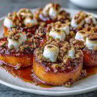 Candied yams with marshmallow pecan crumble baked to golden perfection in a cozy casserole dish.  