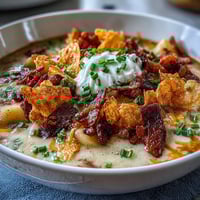 Creamy Funeral Potatoes Loaded Baked Potato Soup with melted cheddar, crispy bacon, and crushed potato chips in a hearty bowl.