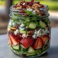 Fresh layered picnic jar salad with strawberries, goat cheese, and crunchy pecans, perfect for outdoor meals or on-the-go lunches.