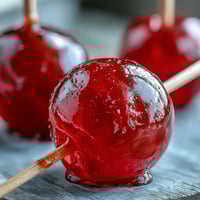 Shiny red candy apples with crisp Granny Smith apples dipped in glossy red hard candy shell.  