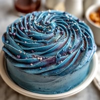 Pisces-Themed Galaxy Cake with shimmering blue and purple buttercream swirls, edible glitter, and vanilla sponge layers.