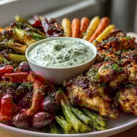 Vibrant Chicken Run Veggie Tray with colorful carrots, peppers, and cucumber sticks around creamy ranch hummus dip.  