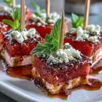 Fresh watermelon feta skewers with mint, a vibrant and juicy appetizer perfect for summer gatherings and light snacking.