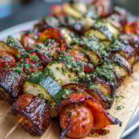 Grilled vegetable skewers bursting with color, featuring zucchini, peppers, and mushrooms topped with chimichurri sauce.
