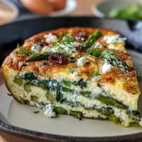 Spring Brunch Frittata with Asparagus and Goat Cheese: golden baked eggs with tender asparagus and creamy goat cheese, perfect for a spring brunch.