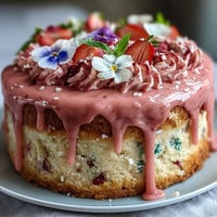 A vibrant floral drip cake with fresh strawberry frosting and white chocolate drizzle, adorned with edible flowers.