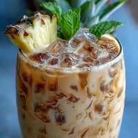 A vibrant pineapple coconut agua fresca with fresh fruit and mint, served in a chilled glass over ice.