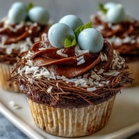 Easter Nest Cupcakes with chocolate buttercream and candy eggs in a nest design, perfect for festive Easter celebrations.  