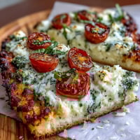 A golden cottage cheese flatbread topped with vibrant basil pesto and juicy cherry tomatoes, garnished with fresh herbs.
