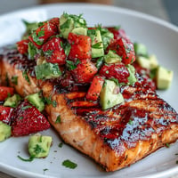 Grilled salmon fillets topped with a colorful strawberry avocado salsa bursting with fresh summer flavors and citrus zest.  