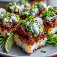 Crispy rice salad with avocado and spicy tuna, topped with sesame seeds and fresh herbs for a vibrant, flavorful dish.