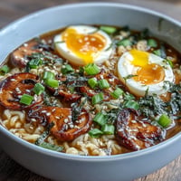 A steaming bowl of homemade miso ramen with rich broth, springy noodles, and a soft-boiled egg, garnished with mushrooms and green onions.