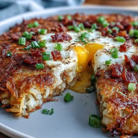 Loaded Hash Brown Skillet with crispy potatoes, melty cheese, and a runny egg.